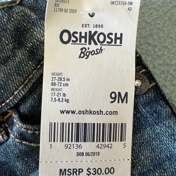 OshKosh B’gosh 9 month boy girl baby straight jeans NWT clip on button - Picture 3 of 7